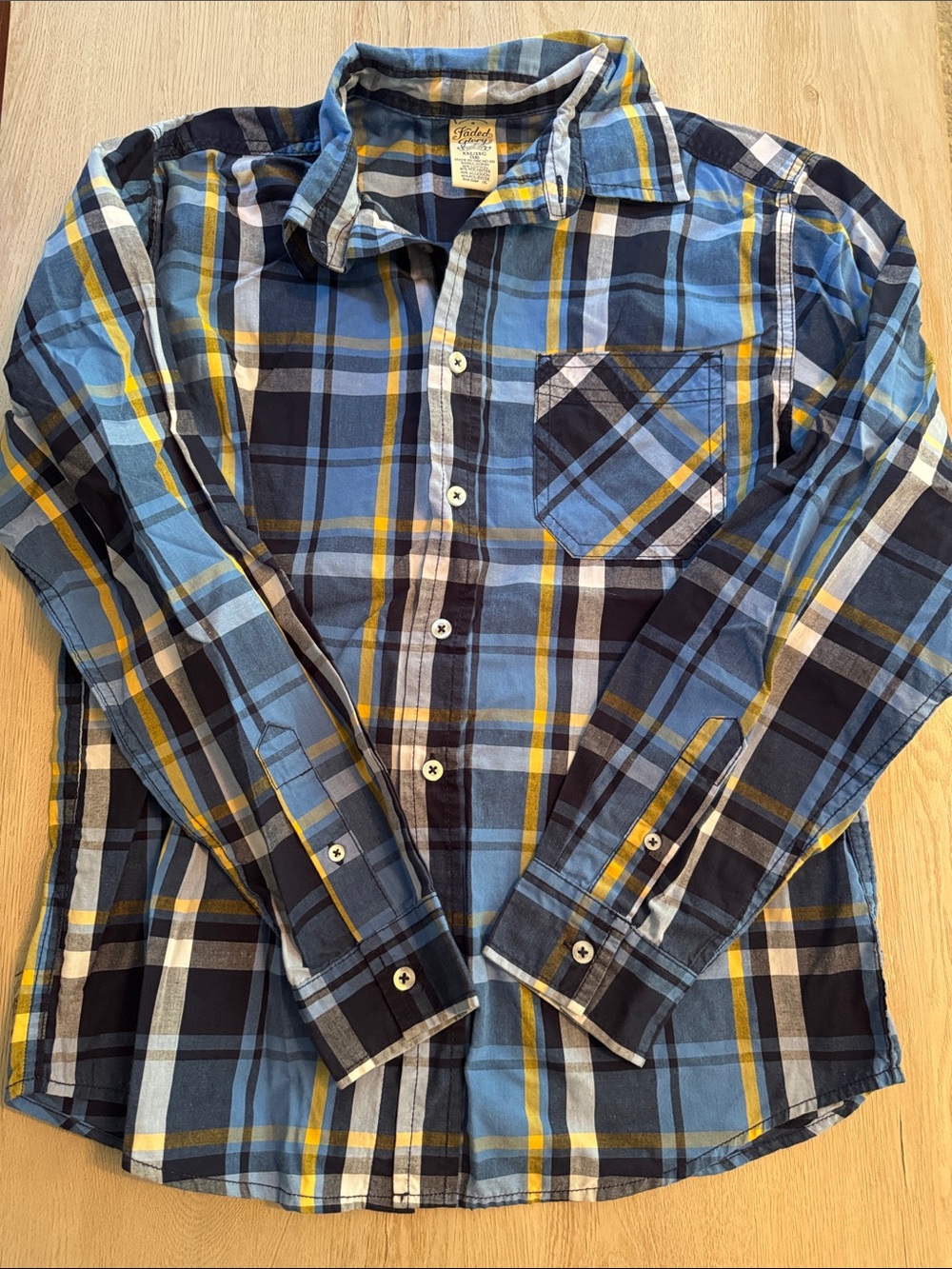 Faded Glory Blue and Yellow Plaid Button-Down Shirt